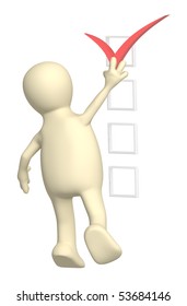 3D puppet with red point. Isolated over white