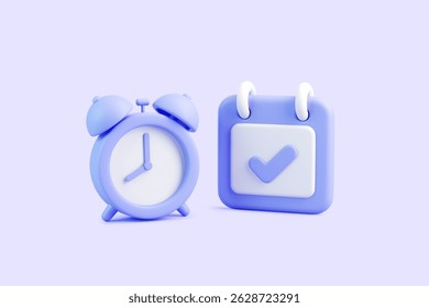 3D purple alarm clock and calendar with check mark on pastel background, symbol of planning and organization