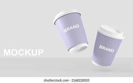 3D Purple coffee cups with closed lids. Mockup packaging design for branding. Blank plastic or paper mugs for takeaway hot drinks, disposable tea cups isolated on white background, 3d render set