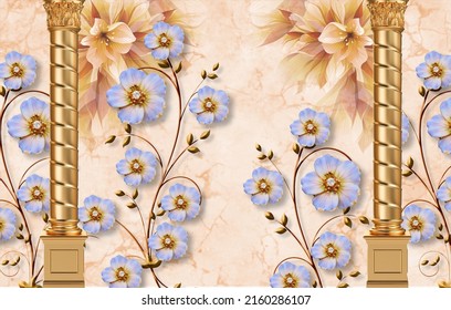 3D Purple Flower Golden Wallpaper With Marble Texture Background