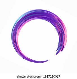 3d Purple Iridescent Circle Brush Stroke Frame Design. Concept Abstract Holographic Pink And Blue Paintbrush Twisted Smear 3d Illustration Isolated On A White Background.