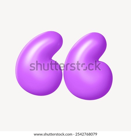 3D purple quotation marks on a white background. 3D purple marks are glossy and vibrant. 3D Quotation marks in purple add a playful touch. Purple marks stand out. 3D illustration on white background.