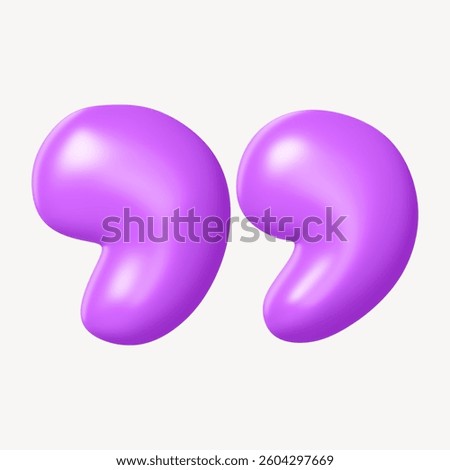3D purple quotation marks on a light background. The quotation marks are shiny and smooth, creating a modern and vibrant look. Perfect for design projects. Cute and creative font.