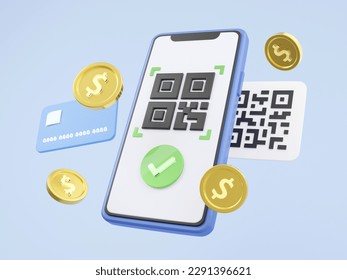 3D QR Code scanning via mobile phone with floating coin and credit card. Online payment, Scan to pay, Verification concept. 3D illustration.