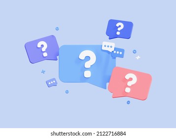 3D Question mark on speech bubble icons. Message box with question sign. FAQ symbol concept. Cartoon element design isolated on blue background. Web banner. 3D Rendering 