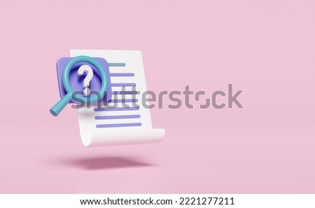 3d question mark symbol with Id card magnifying, checklist, clipboard isolated on pink. recruitment staff, human resources, job search, job application concept, 3d render illustration, clipping path