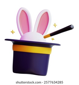 3d Rabbit in magic hat with wand suitable for childrens party invitations, magic show promotions, Easterthemed designs, and whimsical illustrations.