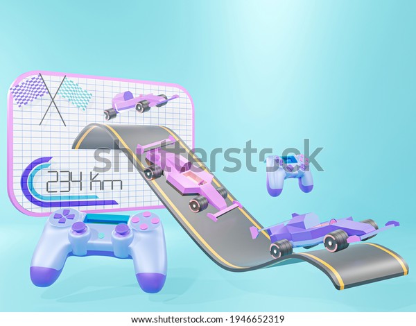 3D Racing Games on blue\
background, Gaming concept, Game consoles and gamepad controllers -\
3D render