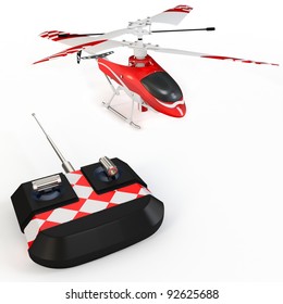 3d radio controller remote and helicopter on white background
