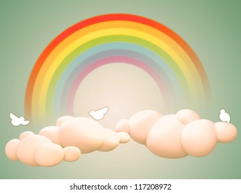 3D Rainbow with birds and cloud, Abstract background vintage