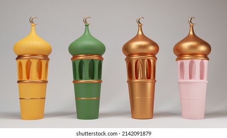 3d Ramadan. Cute Mosque Displayed On Studio. Beautiful Arabic Dome Eid Mubarak Set, 3d Illustration On White Background Isolated