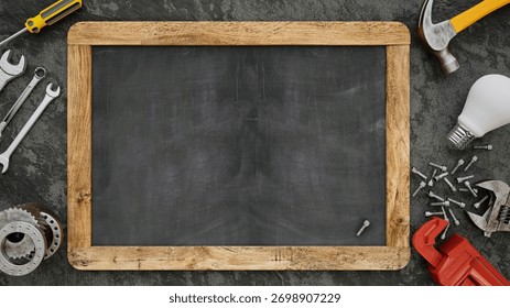 3D realistic blackboard with tools and light bulb on wooden background for workshop education and industrial design concept