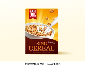 3d Realistic Carton Box Package Design For Ring Cereals. Product Mockup Isolated On Light Yellow Background.