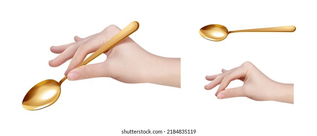 3d Realistic Hand Holding Golden Spoon And Picking Up Something From Side View Isolated On White Background