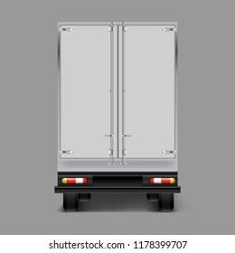  3d Realistic Icon Of Cargo Truck, Trailer Back View, With A Shadow Isolated On Gray Background. Mock Up, Template For Truck Brand Design, Company Style, Identity