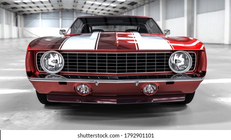 3D realistic illustration. Muscle red car rendering in grey garage. Vintage classic sport car. Car show. Wheels. Bumper. Front perspective view. Chevrolet camaro headlights