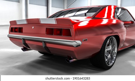 3D Realistic Illustration. Muscle Red Car Rendering In Garage. Vintage Classic Sport Car. Back Side View. Rear Chrome Wheel And Back Bumper Closeup. Red Tail Lights. Two Mufflers. Camaro