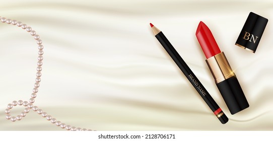 3D Realistic Lipstick and Pencil on White Silk with Pearl Design Template of Fashion Cosmetics Product for Ads, flyer, banner or Magazine Background.  Iillustration.  - Powered by Shutterstock