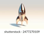 3D Realistic Metallic Rocket take off up. Flight spaceship. Icon isolated on white background Concept for start up isolated on white background