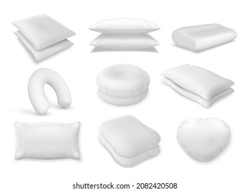 3d Realistic Neck Pillow And Sofa Cushion Mockup. Fluffy Bolster Pile, Heart Beanbag Top View. Soft Orthopedic And Travel Pillows Set. Round, Rectangular And Heart Shape For Comfort And Decor