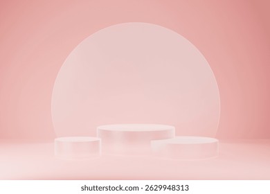 3D realistic podium background - set of three frosted transparent glass cylindrical pedestals on light pink, white. Shining disk, mockup, 3d rendering. Stage for display product, showcase platform.