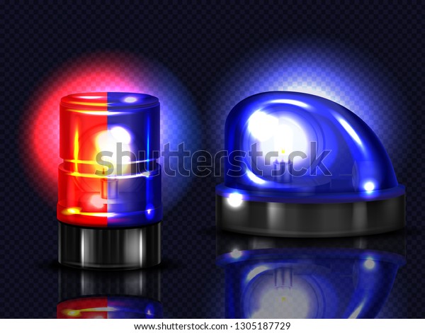 3d realistic red\
and blue flashers. Police, ambulance or other municipal service\
siren with light, rotating alert lamp. beacon for emergency\
isolated on dark\
background.
