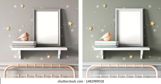 3d realistic render frame on shelf with books and ceramic bird. Mock up template. Fashion design.