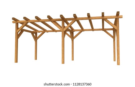 3D realistic render of pergola. Wood construction isolated on white background. 