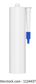 3D Realistic Render Of Single Clean Blank Sealant, Cement, Glue, Silicon Tube, Isolated On White Background. Blue Lid.