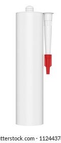 3D Realistic Render Of Single Clean Blank Sealant, Cement, Glue, Silicon Tube, Isolated On White Background. Red Lid.