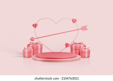 3d Realistic Render Of Valentine Podium For Product Display With Love Arrow Ornament And Gift Box