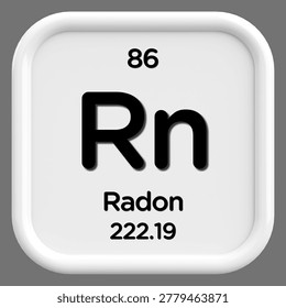 3D Realistic Rendering of Radon (Rn) Chemical Element Tile with Atomic Number 86 - Modern White Minimalist Periodic Table Icon for Science, Chemistry, and Education