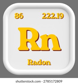 3D Realistic Rendering of Radon (Rn) Chemical Element Tile with Atomic Number 86 - Modern White Minimalist Periodic Table Icon with Golden Text for Science and Education