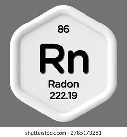 3D Realistic Rendering of Radon (Rn) Chemical Element Tile with Atomic Number 86 - Modern White Minimalist Periodic Table Icon with Golden Text for Science and Education