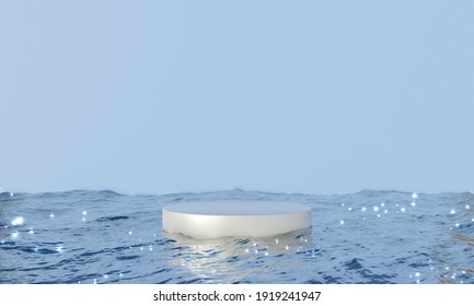 3D realistic round podium on water background. Empty pedestal for the presentation. Poster for cosmetic products. Background with crystal clear water of light blue color. 3D render