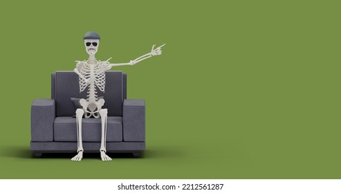 Its 3D Realistic Skeleton Model Setting On Sofa And Pointing Fingers To Side For Any Of Your Texts Or Images To Put On Side.