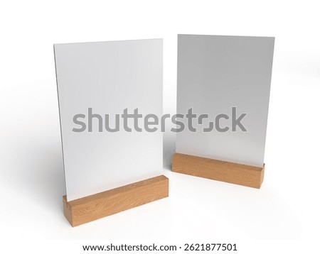 3D Realistic table stand, table tent mockup with wooden base and white paper acrylic. Blank card holder display information for menu label, restaurant, cafe, banner, picture stand, sign holder, ads