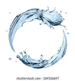 3d realistic water splashing round frame, aqua, clear liquid splash isolated on white background