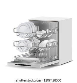  3d realistic white dishwasher machine with three metal racks, filled with clean plates, glasses, cups, cutlery, side view isolated on background. Modern household appliance for washing dishes
