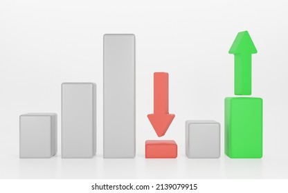 3D Rebound Bar Diagram And Arrow On Isolated White Background. Market Investment Trading, Up, Down, Exchange, Rendering, Trade, Simple, Isometric, Financial, Index, Forex.