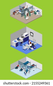 3d Recovery Room With Beds And Comfortable Medical. Interior Of An Empty Hospital Room.