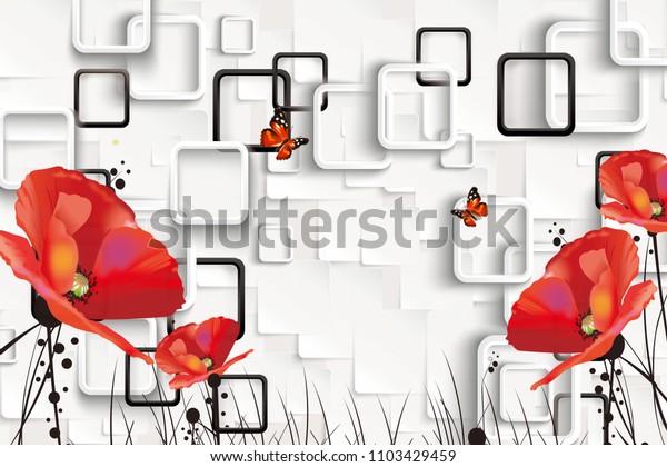 3D Rectangular background with red flowers.