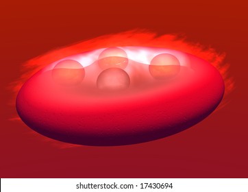 3d Red Blood Cell Carrying Oxygen Particles Through The Bloodstream With Cloud Around It