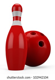 3D Red Bowling Ball And Pin Isolated On White Background