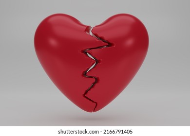 3D Red Broken Heart Isolated In White Background. Red Heartbreak. Relationship Breakup Problem, Disappointed In Love Concept