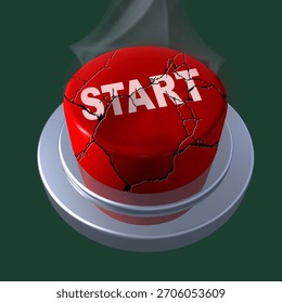 3D red “START” button with deep surface cracks, symbolizing system overload, unstable launch, or risky activation. 