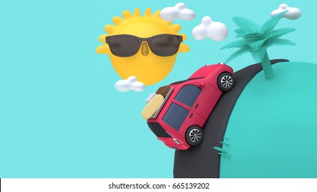 3d Red Car With Many Objects On Road Mini World Yellow Sun Clouds Tree Cartoon Style 3d Rendering Holiday,going-travel,sea,beach,summer Concept