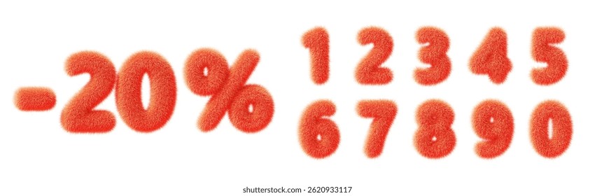 3d red fur fluffy font numbers from 0 to 9 with minus 20 percent sign for special sale banner. Soft plush texture digits, furry discount figures, percentage price, isolated render set. 3D Illustration