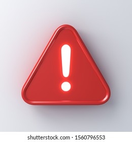 3d Red Hazard Warning Attention Sign With Neon Light Exclamation Mark Symbol Icon Isolated On White Wall Background With Shadow 3D Rendering