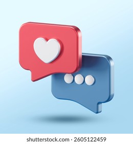 3D red heart message bubble and blue chat bubble with dots on a light blue background. Symbolizes online communication, love messages, and social media interaction.